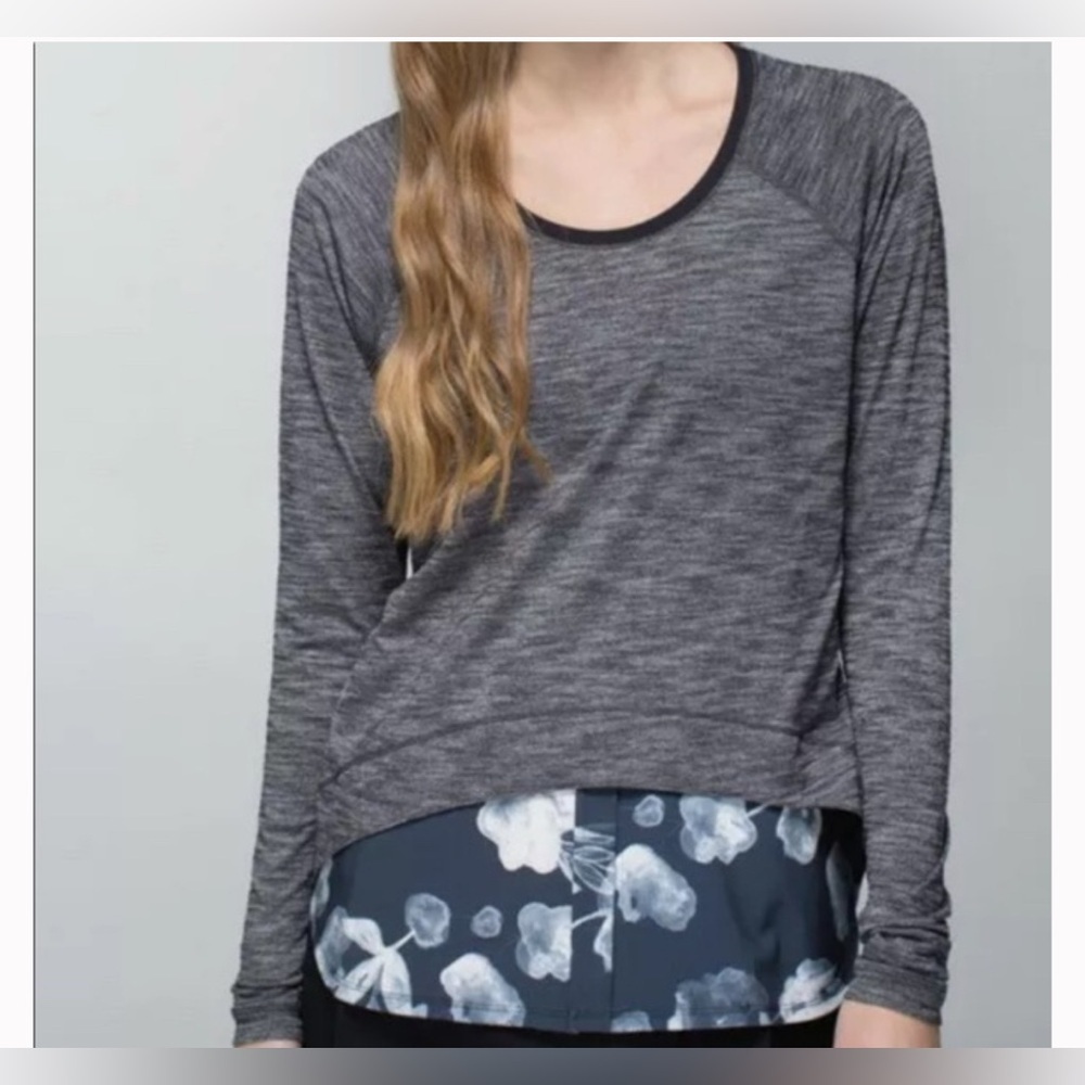 LULULEMON FLORAL LAYER THUMBHOLE LONG SLEEVE TEE GRAY XS